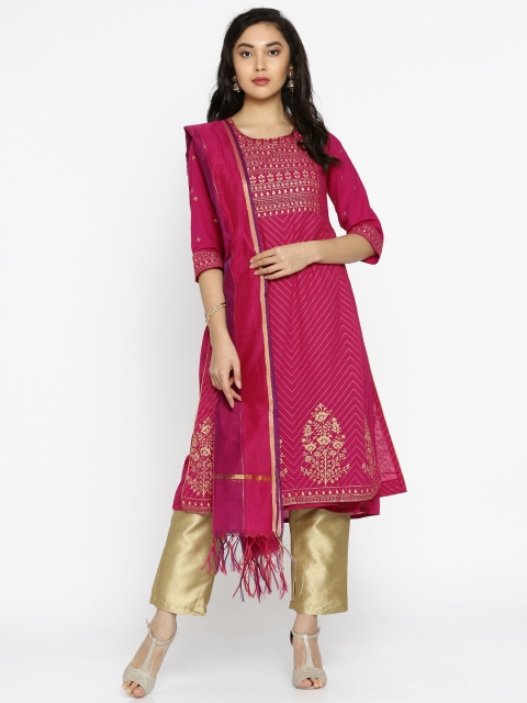 

Biba Women Pink & Beige Printed Kurta with Trousers & Dupatta