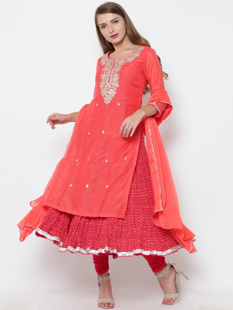 

Biba Women Orange & Red Embroidered Kurta with Churidar & Dupatta