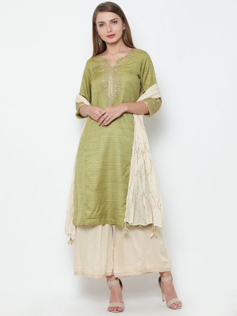 

Biba Women Olive Green & Cream-Coloured Embroidered Kurta with Palazzos & Dupatta