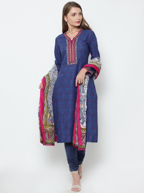 

Biba Women Blue & Pink Printed Kurta with Churidar & Dupatta