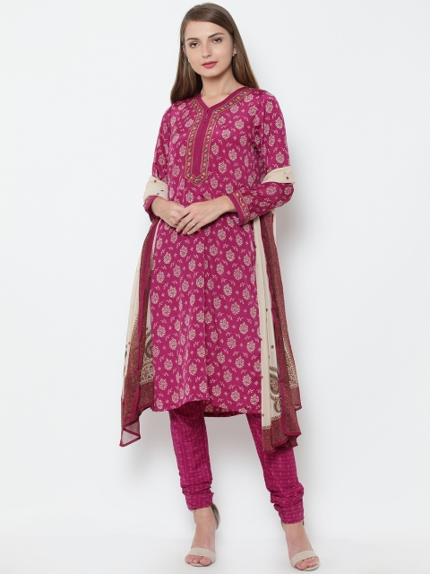 

Biba Women Magenta Printed Kurta with Churidar & Dupatta, Na