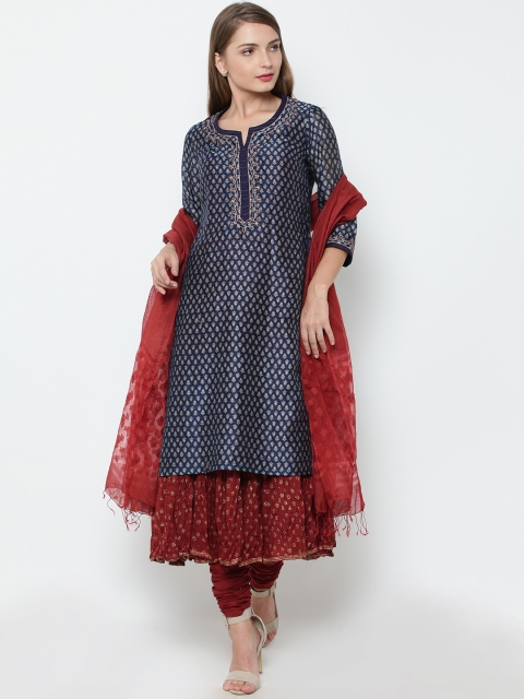 

Biba Women Navy Blue & Rust Brown Printed Kurta with Churidar & Dupatta