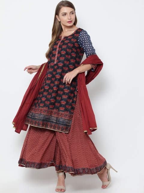 

Biba Women Navy Blue & Maroon Printed Kurta with Palazzos & Dupatta