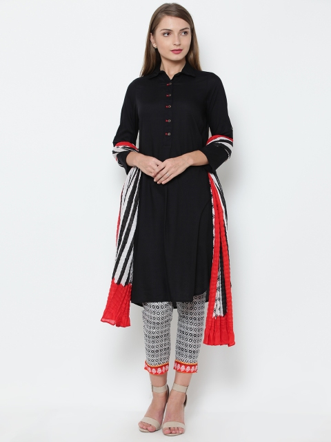 

Biba Women Black & White Solid Pathani Kurta with Trousers & Dupatta