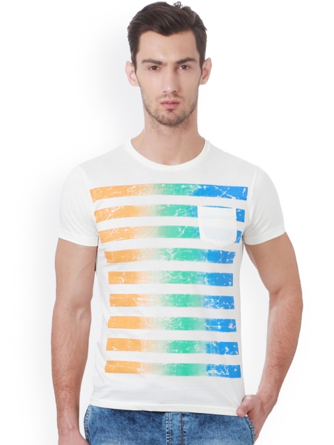 

People Men White Striped Round Neck T-shirt