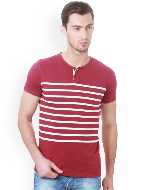 

People Men Maroon Striped Henley Neck Slim Fit T-shirt