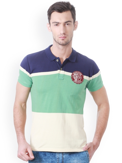 

People Men Green Colourblocked Polo Collar Slim Fit T-shirt