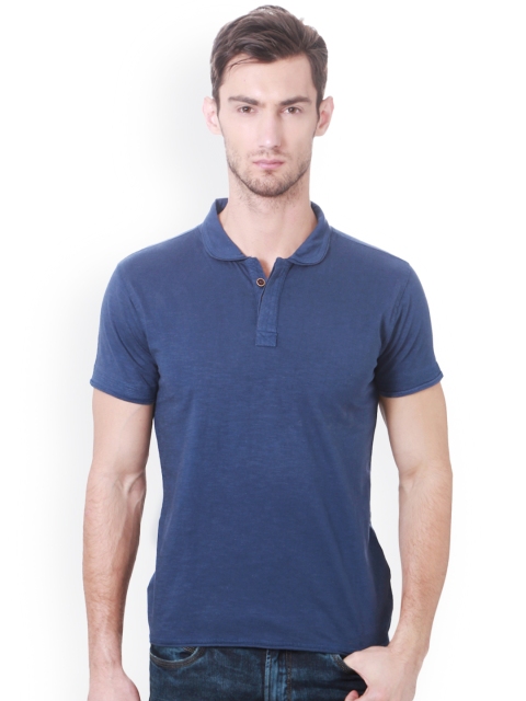 

People Men Navy Blue Solid Polo Collar Slim Fit T-shirt