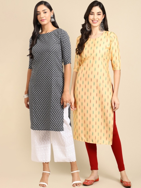 

1 Stop Fashion Women Black & Yellow Pack of 2 Printed Crepe Kurta