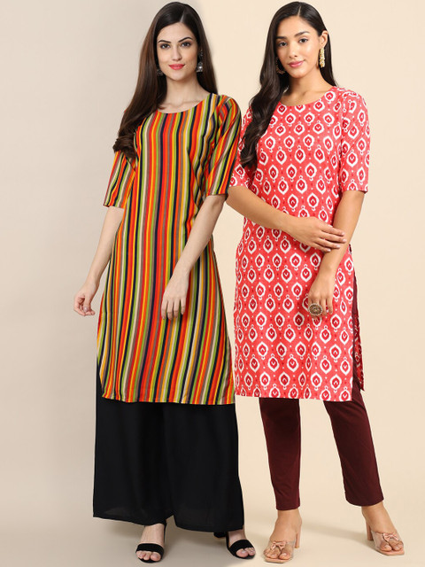 

1 Stop Fashion Women Orange & Coral Pack of 2 Printed Crepe Kurta