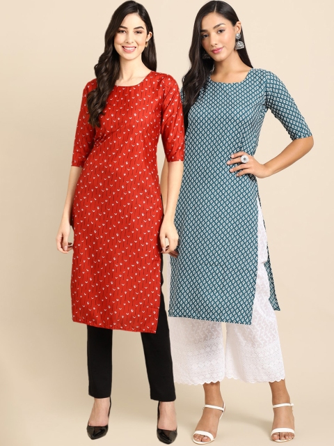 

1 Stop Fashion Women Pack of 2 Red & Blue Printed Crepe Straight Kurta