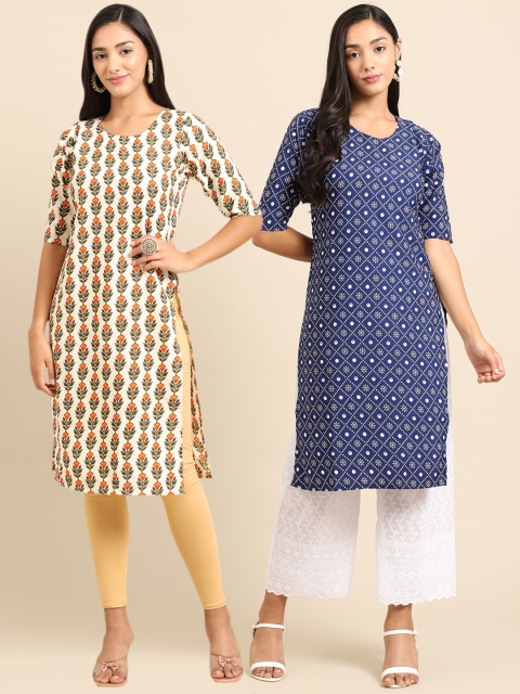 

1 Stop Fashion Women Pack of 2 Off White & Blue Printed Crepe Straight Kurta