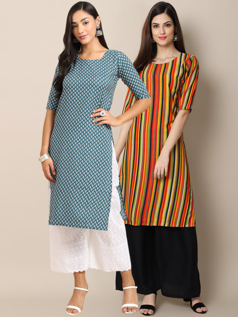 

1 Stop Fashion Women Pack of 2 Blue & Mustard Yellow Printed Crepe Straight Kurta