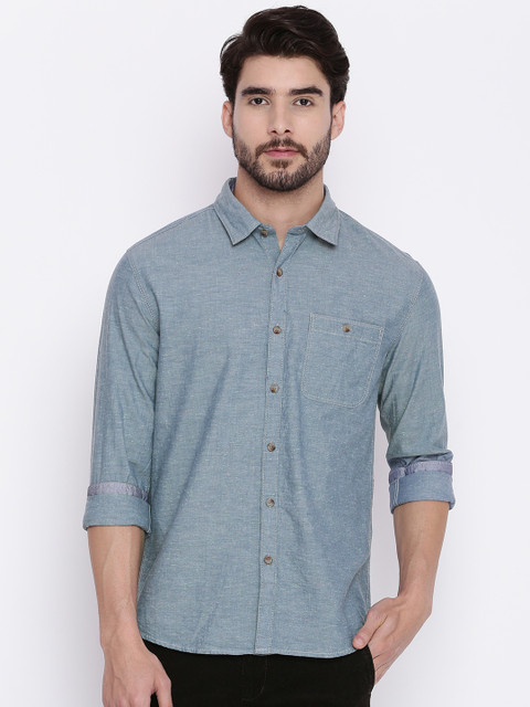 

People Men Blue Slim Fit Self Design Casual Shirt