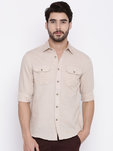 

People Men Beige Slim Fit Solid Casual Shirt