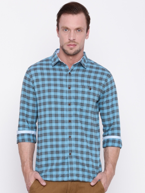 

People Men Blue & Brown Slim Fit Checked Casual Shirt