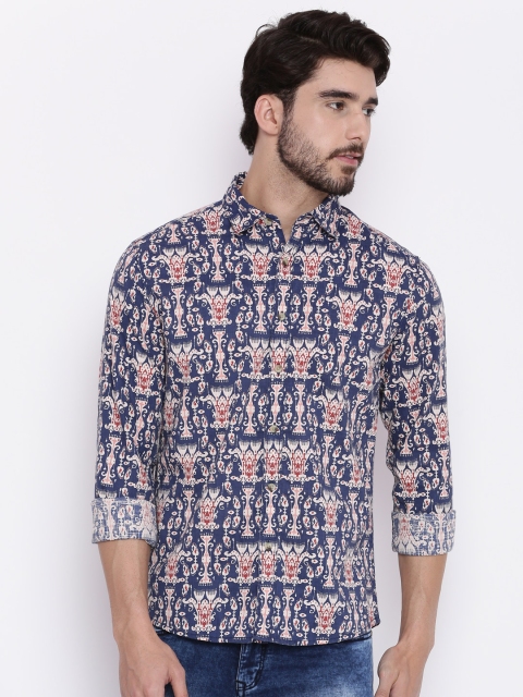 

People Men Navy & Beige Slim Fit Printed Casual Shirt, Navy blue