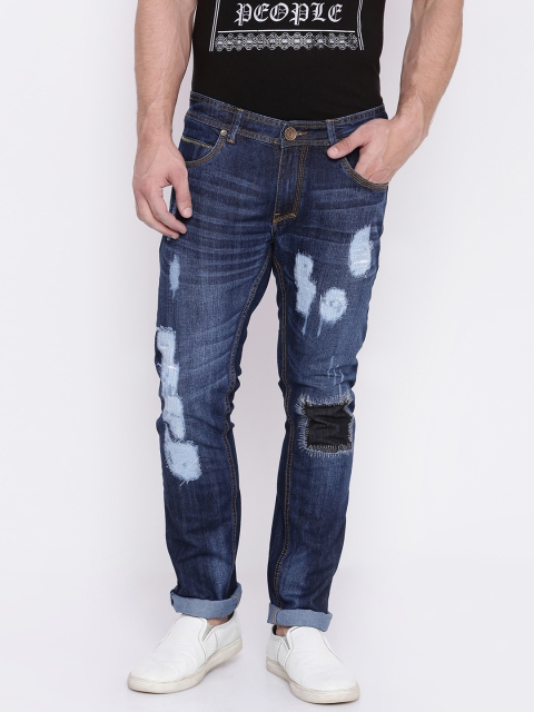 

People Men Blue Slim Fit Mid-Rise Highly Distressed Jeans