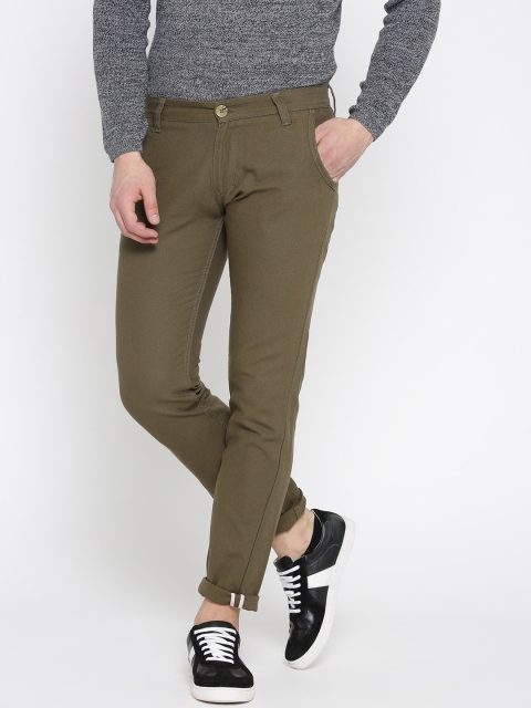 

People Men Olive Green Slim Fit Solid Regular Trousers