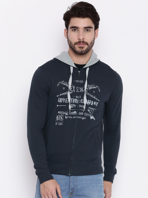 

People Men Navy Printed Hooded Sweatshirt, Navy blue