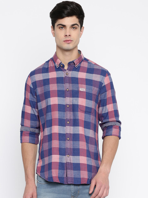 

U.S. Polo Assn. Denim Co. Men Blue & Peach Regular Fit Checked Casual Shirt