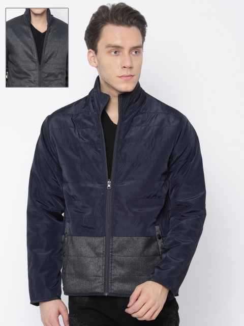 

People Men Navy & Charcoal Grey Solid Reversible Puffer Jacket, Navy blue