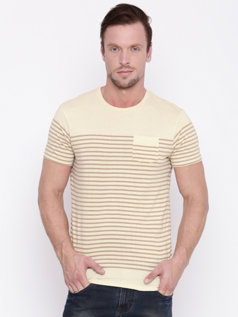

People Men Cream-Coloured Striped Round Neck T-shirt