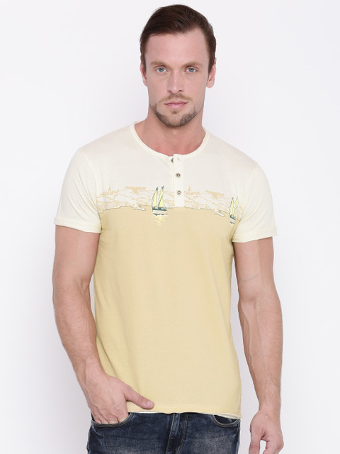 

People Men Beige Printed Round Neck T-shirt