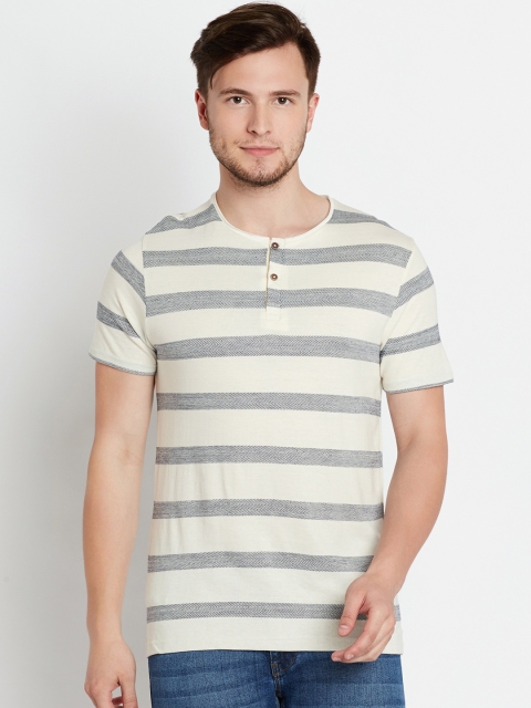 

People Men Cream-Coloured & Navy Striped Henley Neck T-shirt