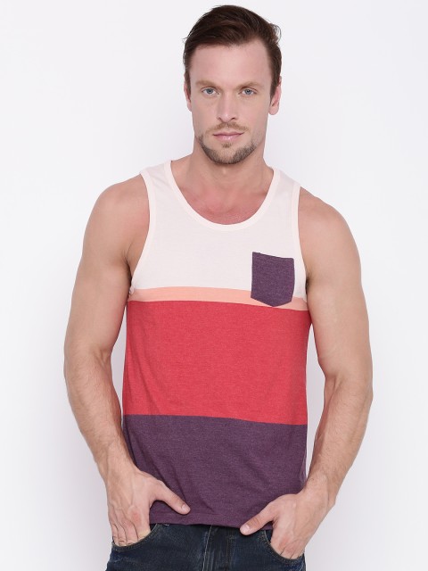 

People Men Peach-Coloured Colourblocked Round Neck T-shirt