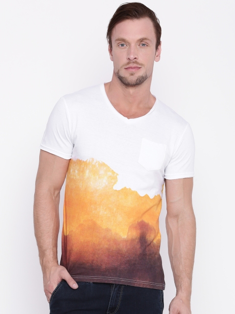 

People Men White Printed V-Neck T-shirt