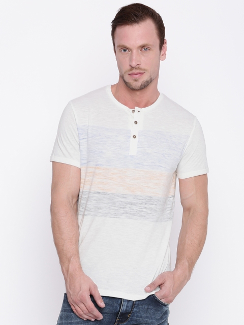 

People Men White Striped Henley Neck T-shirt