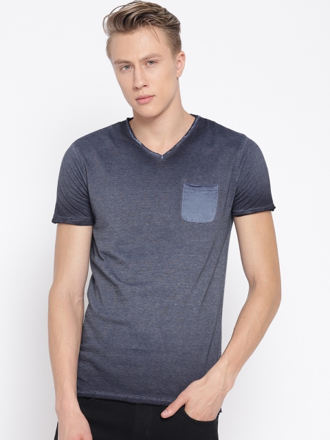 

People Men Navy Pinstriped V-Neck T-shirt, Navy blue
