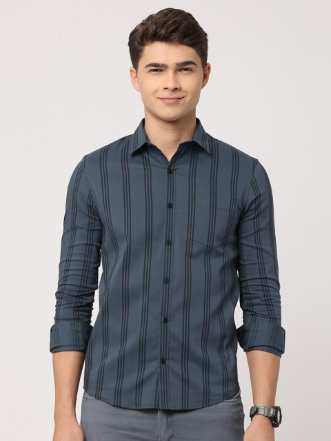 

Jean Cafe Men Grey Premium Slim Fit Striped Casual Pure Cotton Shirt