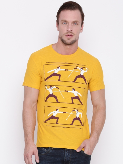 

People Men Mustard Yellow Printed Round Neck T-shirt