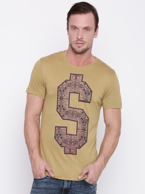 

People Men Khaki Printed Round Neck T-shirt