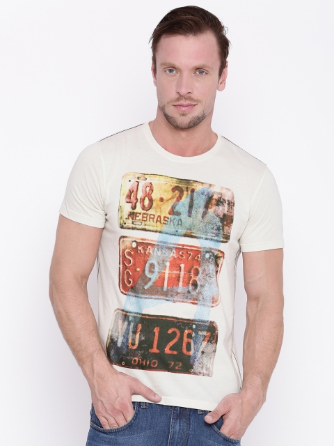 

People Men Cream Printed Round Neck T-shirt