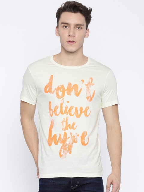 

People Men Cream-Coloured Printed Round Neck T-shirt