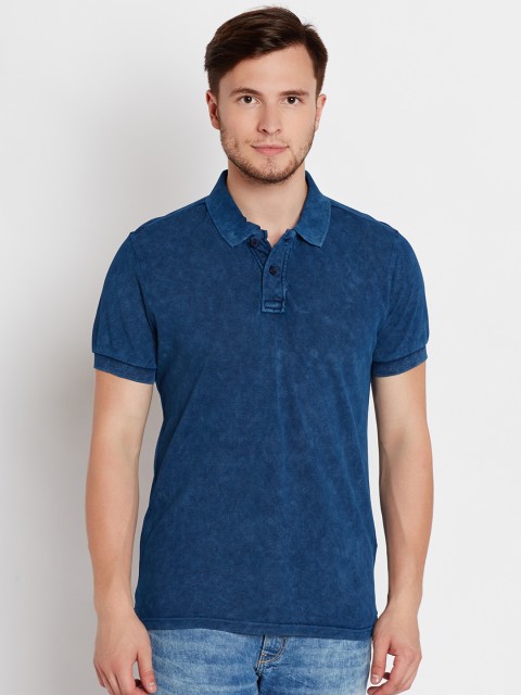 

People Men Blue Solid Polo Collar T-shirt