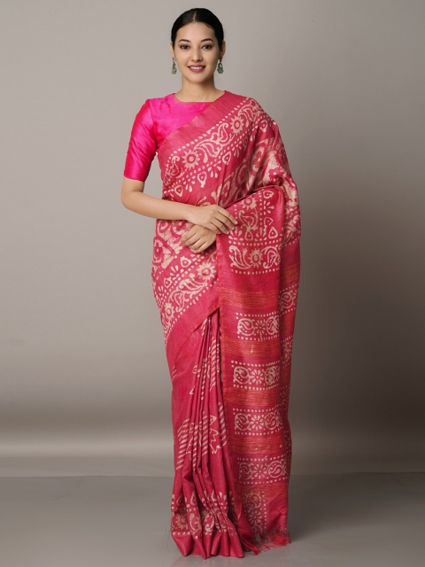 

Unnati Silks Pink & White Batik Silk Cotton Bhagalpuri Saree