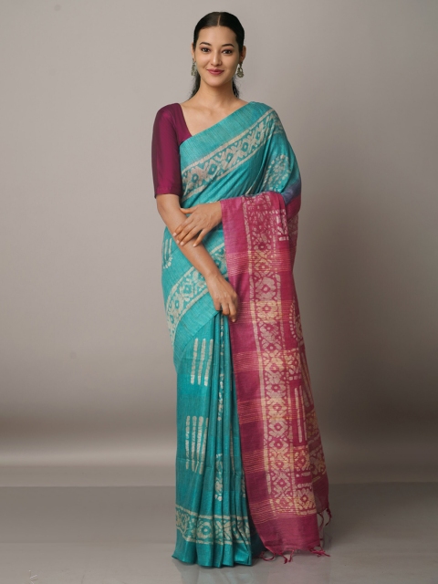 

Unnati Silks Green & Pink Batik Silk Cotton Bhagalpuri Saree