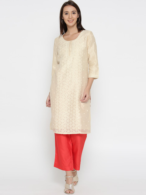 

Fabindia Women Beige Chikankari Embroidered Straight Kurta