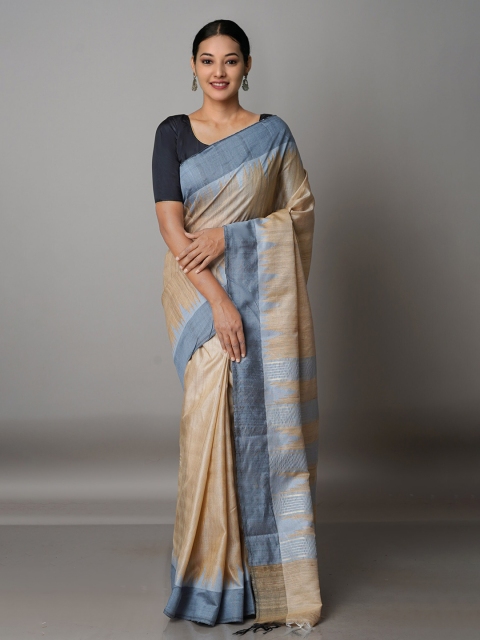 

Unnati Silks Brown & Grey Zari Pure Silk Tussar Saree