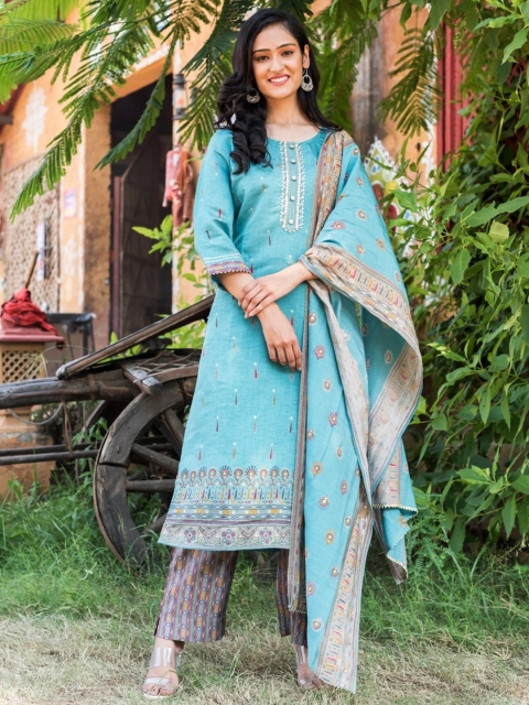 

Swasti Women Turquoise Blue Floral Printed Pure Silk Kurta with Trousers & Dupatta
