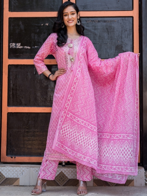 

Swasti Women Pink Floral Printed Pure Cotton Kurta with Trousers & Dupatta