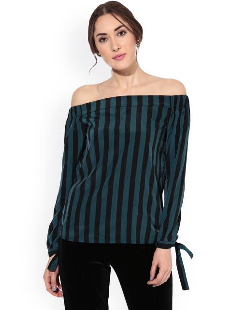 

Besiva Women Green Striped Bardot Top