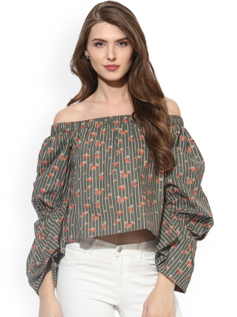 

Besiva Women Green Printed Bardot Pure Cotton Top