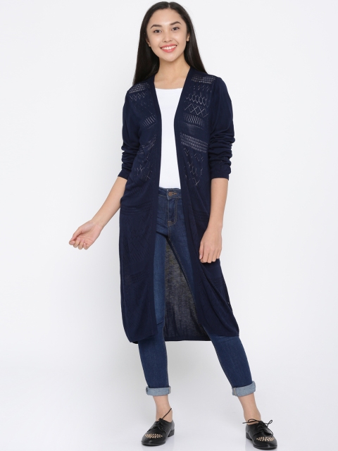 

Annabelle by Pantaloons Women Navy Blue Self Design Longline Front-Open Sweater