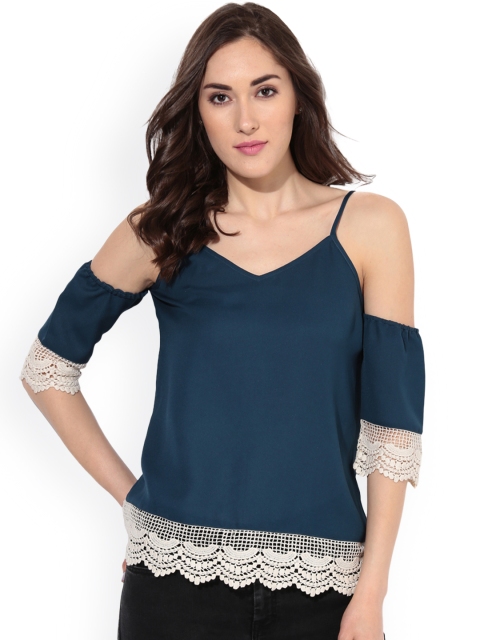 

Besiva Women Teal Blue Cold Shoulder Top with Lace Trims