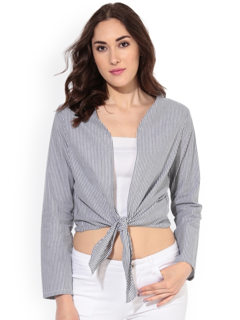 

Besiva Charcoal Grey & White Striped Cropped Open-Front Shrug